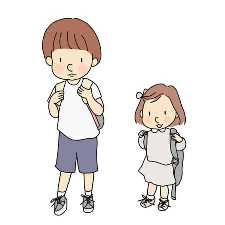 Vector illustration of little kids carrying school backpack. Early childhood development, first day of school, education, family concept. Cartoon character drawing style. Isolated on white background.のイラスト素材