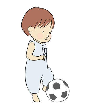 Vector illustration of toddler trying to kick football soft toy. Little kid playing ball. Early childhood development activity, family concept. Cartoon character drawing. Isolated on white background.のイラスト素材