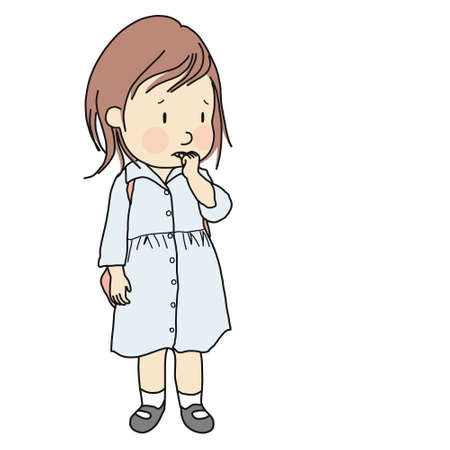 Vector illustration of little kid biting her nail to relieve anxiety, loneliness, stress. Early childhood development, nervous habit, emotional and behavior problem concept. Cartoon character design.のイラスト素材