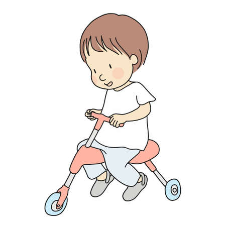 Vector illustration of little toddler riding a tricycle. Early childhood development activity, education, leaning, child playing - bike, bicycle concept. Cartoon character drawing. Isolated on white.のイラスト素材