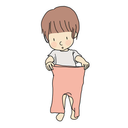 Vector illustration of little kid trying to wear trousers by self. Early childhood development - dressing skill, self care, education & learning concept. Cartoon character drawing.のイラスト素材