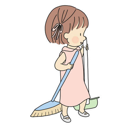 Vector illustration of little kid sweeping with broom and dustpan. Early childhood development activity - child help parent to do housework. Cartoon character drawing. Isolated on white background.のイラスト素材