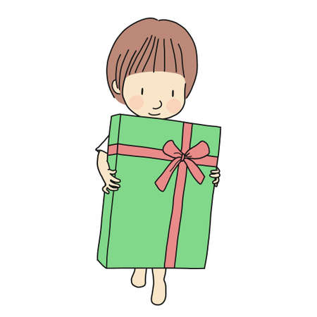 Vector illustration of little kid holding big gift box with ribbon. Family concept - Happy Birthday, Happy New Year, Merry Christmas. Cartoon character drawing. Isolated on white background.のイラスト素材