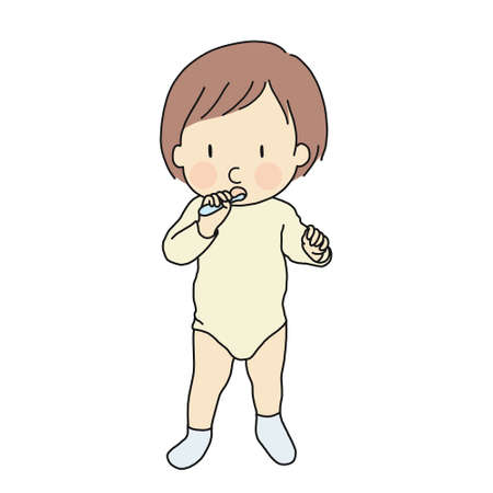 Vector illustration of little kid learning to brush teeth. Early childhood development - self care, education and learning concept. Cartoon character drawing style. Isolated on white background.のイラスト素材