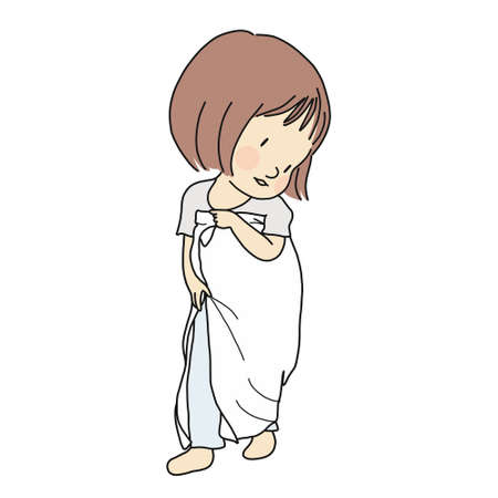 Vector illustration of little kid playing dress up by using fabric piece to make dress. Early childhood development, pretend and dramatic dress-up play, education and learning concept.のイラスト素材