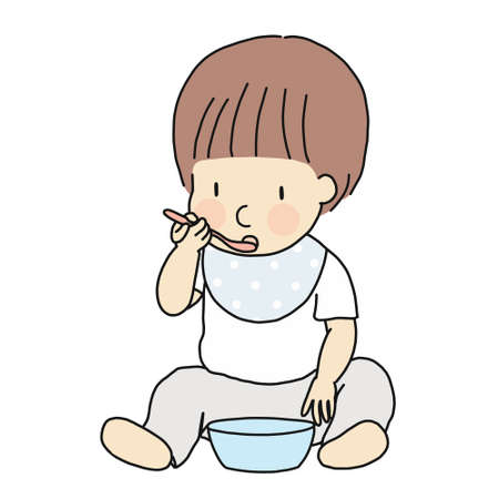 Vector illustration of self-feeding toddler. Little kid learning to eat food in bowl with spoon by self. Early childhood development - self feeding, self care, education & learning concept.のイラスト素材