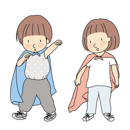 Vector illustration of little kids playing dress up and acting like superhero. Playing superhero. Early childhood development activity, pretend and dramatic dress-up play, education & learning concept.のイラスト素材