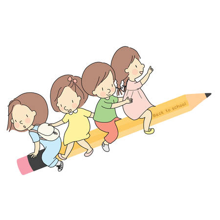 Vector illustration of little kids sitting together on yellow wooden pencil. Welcome back to school card, postcard, banner. Early childhood development, learning & education concept. Cartoon drawing.のイラスト素材