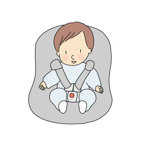 Vector illustration of little infant sitting in car seat. Baby safety concept. Cartoon character drawing style.のイラスト素材