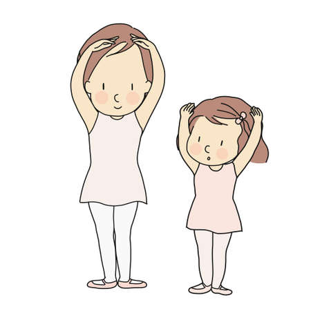 Vector illustration of little girl practicing basic ballet position with teacher in kid ballet dancing class. Child development activity, education & learning concept. Cartoon character drawing.のイラスト素材
