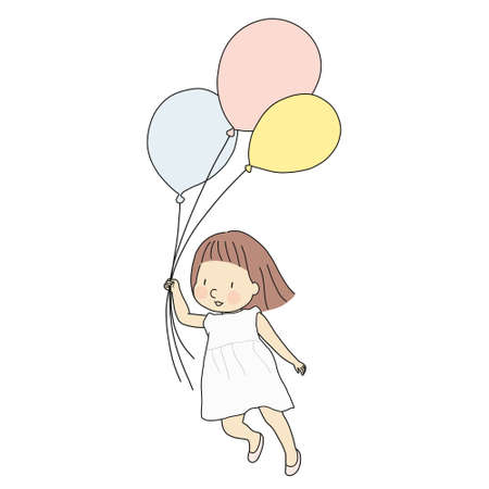 Vector illustration of little kid girl holding colorful balloons and flying with happiness. Happy children day greeting card concept. Cartoon character drawing style.のイラスト素材