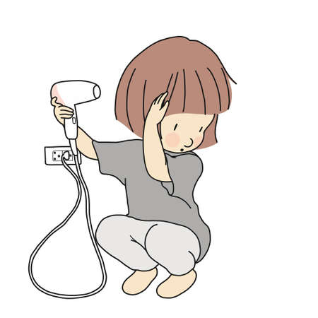 Vector illustration of little kid girl trying to dry hair with blow dryer. Child development & teenage & beauty concept. Cartoon character drawing style. Isolated on white background.のイラスト素材