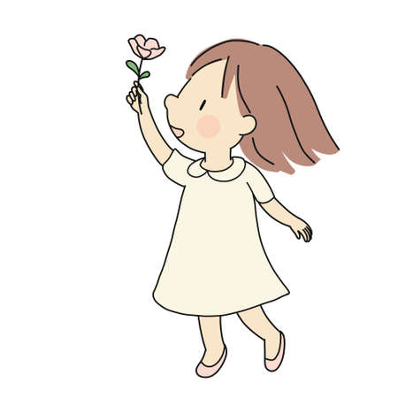 Vector illustration of little happy kid girl giving pink flower. Happiness, love, mother day and valentine day concept. Cartoon character drawing style.のイラスト素材
