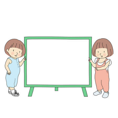 Vector illustration of  two little kids, boy and girl, pointing at blank whiteboard for presentation, brochure or banner. Education and learning idea and concept. Cartoon character drawing style.のイラスト素材