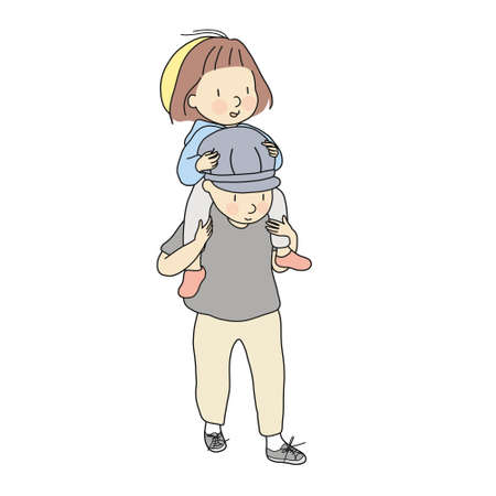 Vector illustration of little kid girl riding dad's shoulders. Daughter ride on daddy back. Early child development, family, happy father day, happy children day concept. Cartoon character drawing.のイラスト素材