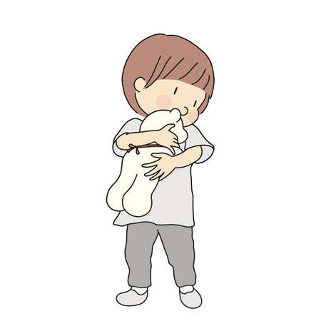 Vector illustration of little kid holding and hugging teddy bear doll. Early childhood development, child playing, happy children day concept. Cartoon character drawing.のイラスト素材