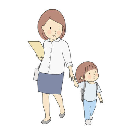 Vector illustration of little kids carrying school backpack walking to school with mother. Early childhood development, first day of school, education, family concept. Cartoon character drawing style.のイラスト素材