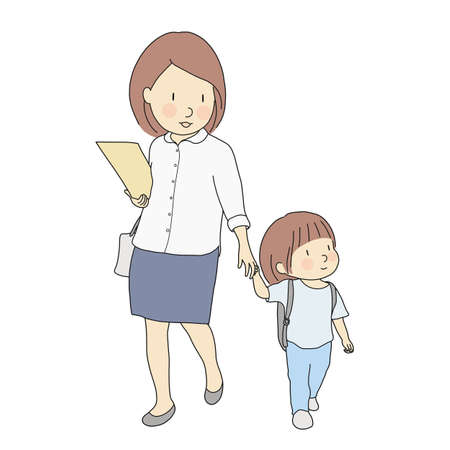 Vector illustration of little kids carrying school backpack walking to school with mother. Early childhood development, first day of school, education, family concept. Cartoon character drawing style.