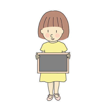 Vector illustration of little girl with blank blackboard for presentation, brochure and banner. Kid brochure. Childhood education and development concept. Cartoon character drawing.のイラスト素材