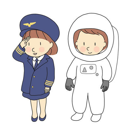 Vector illustration of kid professions, airline pilot & astronaut. What I want to be when grow up. Children occupations costume. Childhood development, education concept. Cartoon character drawing.のイラスト素材