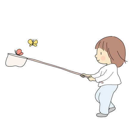 Vector illustration of kid catching colorful butterflies. Summer activity, outdoor play, happy children day, early childhood development, education & learning concept. Cartoon character drawing.のイラスト素材