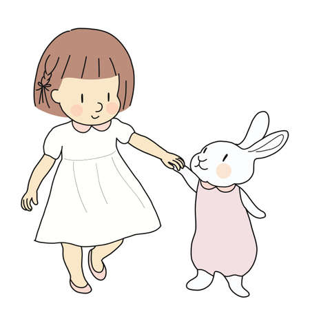 Vector illustration of little kid girl and rabbit holding hands & walking together. Happy easter & children day, holiday greeting card, pet, friendship, imagination concept. Cartoon character drawing.のイラスト素材