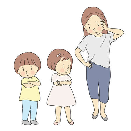 Parent dealing with siblings fighting. Mother handling child conflict. Mommy angry and yelling at her kids. Family, relationship problem, siblings & friends rivalry concept. Cartoon character drawing.のイラスト素材