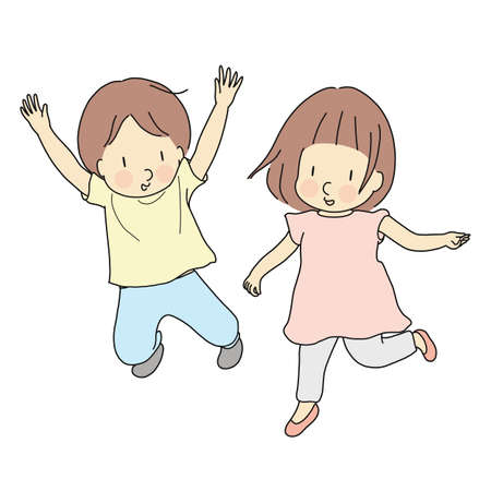 Vector illustration of two kids jumping together. Early childhood development, happy children day card, child playing, family, brother & sister, friends, friendship concept. Cartoon character drawing.のイラスト素材