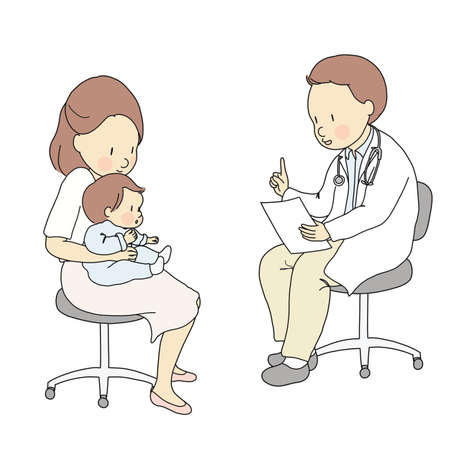 Vector illustration of doctor sitting on chair stool and talking to mother and baby. Children medical, pediatrician, childcare, healthcare, mother and child concept. Cartoon character drawing.のイラスト素材