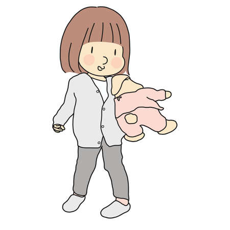 Vector illustration of little kid girl holding and hugging bunny doll. Early childhood development, child playing, happy children day concept. Cartoon character drawing.のイラスト素材