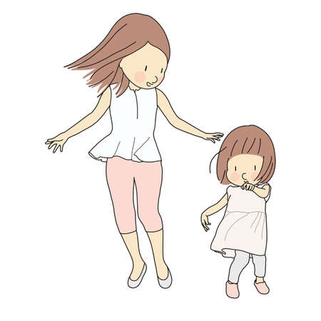 Vector illustration of happy mom and little kid girl. Family, motherhood, child playing, happy mother day, happy children day, greeting card, childhood development concept. Cartoon character drawing.のイラスト素材