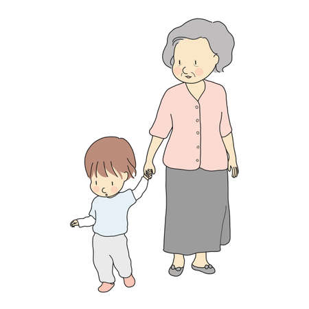 Vector illustration of happy grandmother holding kid hand & walking together. Early childhood development, family, generation, grandparent, elderly concept. Cartoon character drawing.のイラスト素材
