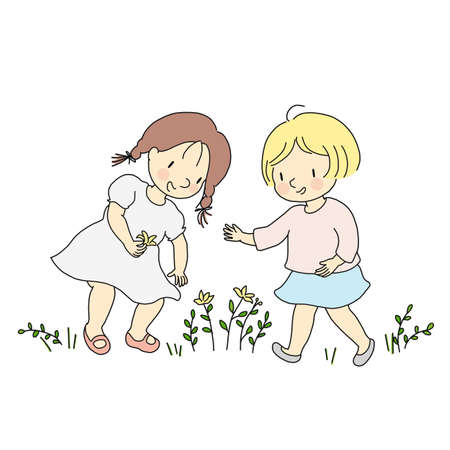 Vector illustration of little happy kid girls picking yellow flowers. Child playing and fun outdoor activities concept. Cartoon character drawing.のイラスト素材