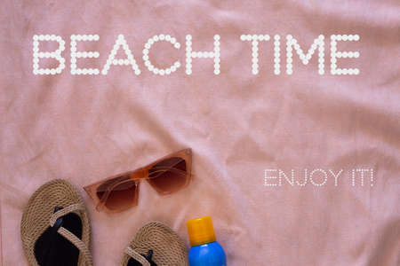beach towel flip flops sunglasses summer vector with a message summertime, beach, summer is backの写真素材