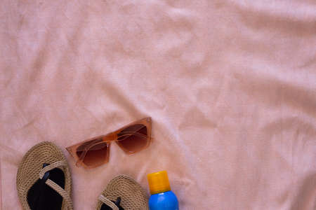 beach towel flip flops sunglasses summer vector with a message summertime, beach, summer is backの写真素材