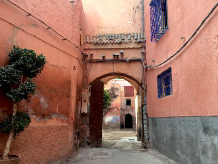 beautiful Moroccan street in the medina of Marrakesh in pastel colors. exotic and cultural tripの写真素材