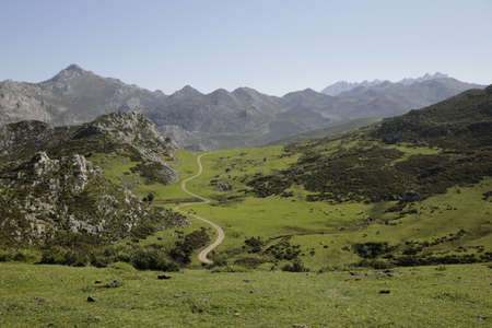 Beautiful and idyllic panoramic view of the countryside and mountainsの写真素材