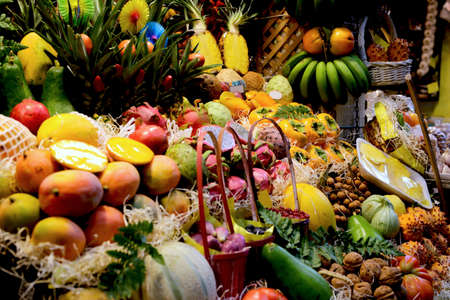 local market with a great variety of colorful fruits and tropical fruits. Mercado de Vegueta, Gran Canaria, Spainの写真素材
