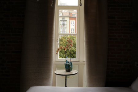 view through a window with a beautiful orchid on a deskの写真素材