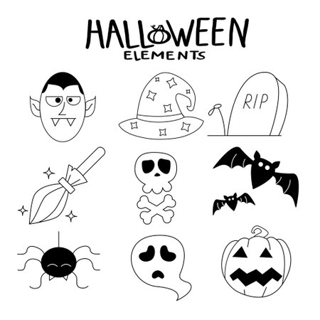 Halloween set. Doodle set with stylized pumpkins, bats, crow and candles. The day of the Dead. Element for postcard, stickers, banner, invitation. Oct. Halloween icon setのイラスト素材