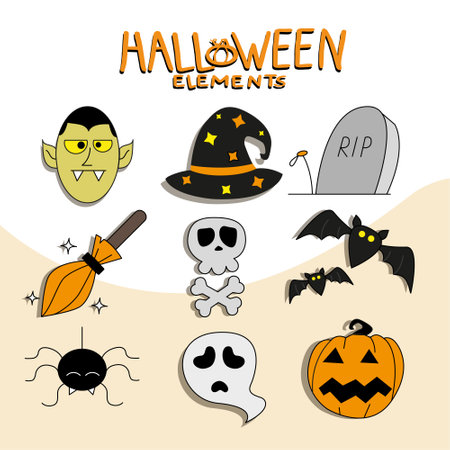 Halloween set. Doodle set with stylized pumpkins, bats, crow and candles. The day of the Dead. Element for postcard, stickers, banner, invitation. Oct. Halloween icon setのイラスト素材