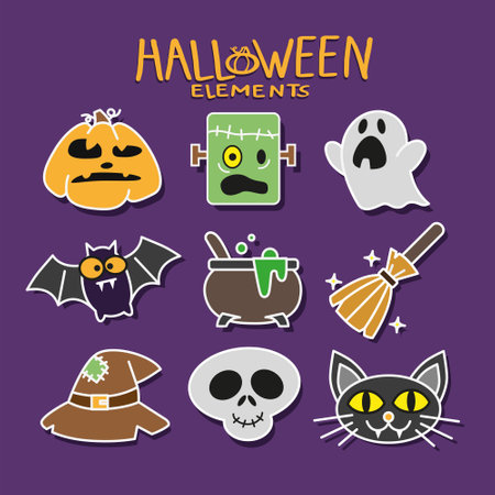 Cute vector set with Halloween illustrations. Smiling and funny cartoon characters: pumpkin, ghost, cat. Stickers, icons, design elementsのイラスト素材