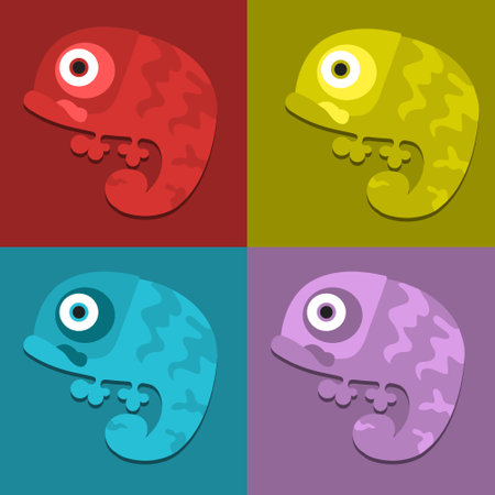 Cartoon chameleons, vector lizards with colorful skin, long curvy tail, tongue and telescopic eyes.のイラスト素材