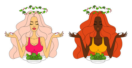 Happy woman is eating a salad. Vegetarian. The concept of proper nutrition and healthy lifestyle. vector illustration in cartoon styleのイラスト素材