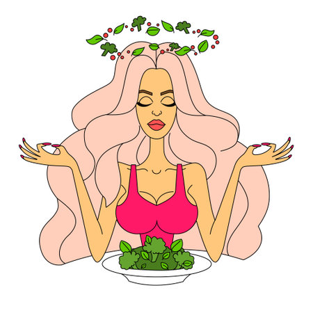 Happy woman is eating a salad. Vegetarian. The concept of proper nutrition and healthy lifestyle. vector illustration in cartoon styleのイラスト素材
