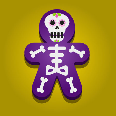 Skull shape gingerbread cookie with icing topping isolated head skeleton. Vector homemade baked food with sugar, bakery Halloween dessert. Trick or treat confectionery, pastry ginger cookiesのイラスト素材