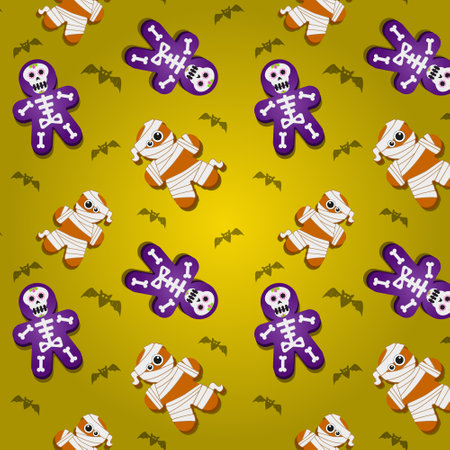 Halloween pattern. Mummy and Skeleton. Halloween character drawing for halloween card and gift wrapping. Bright vector illustrationのイラスト素材