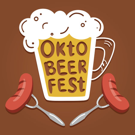 Oktoberfest Beer Festival. Illustration or poster for a holiday. Glass of beer and sausages hand-drawn. vector illustration. Glass of beer in cartoon styleのイラスト素材