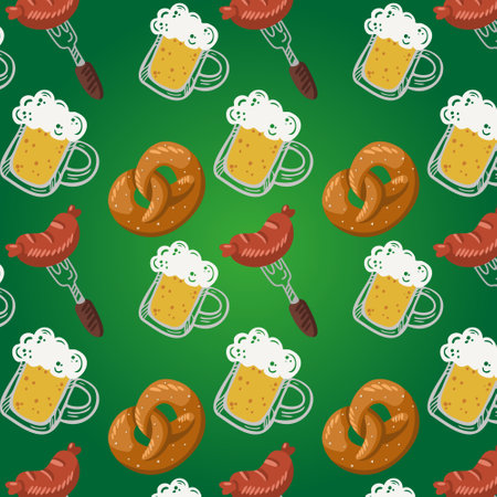 Oktoberfest pattern with different tyrolean elements. Oktoberfest concept with bavarian characters. Seamless pattern with doodles. Vector.Modern flat cartoon style.のイラスト素材