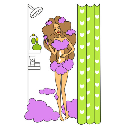 The woman is taking a shower. Relaxing girl in the bathroom. Vector illustration in a flat style. Spa and relaxation. beauty procedures in the shower.のイラスト素材
